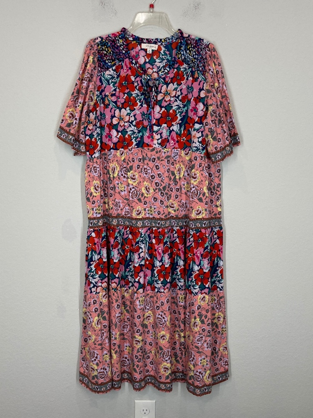 Umgee Tiered Midi Maxi Dress Women's 1XL Floral Boho Vibrant Short Sleeve